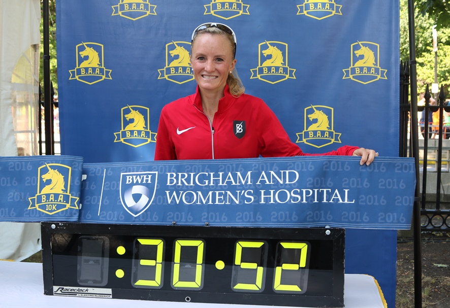  PHOTO: Shalane Flanagan after setting a pending North American 10-K record of 30:52 at the B.A.A. 10-K on June 25 (photo by Chris Lotsbom for Race Results Weekly)