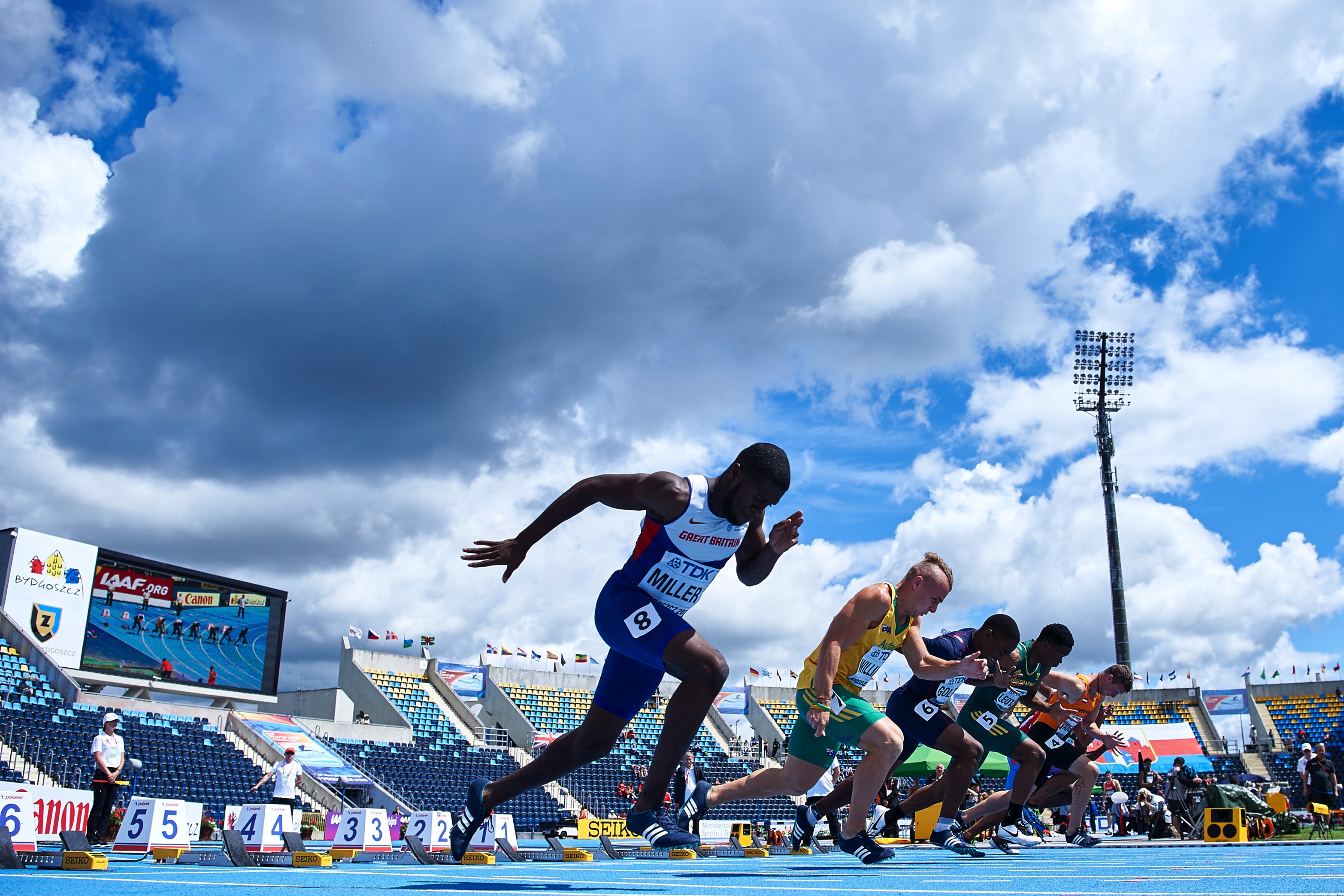 BYDGOSZCZ, POLAND - JULY 19: Rechmial Miller from Great Britain competes in men's 100 meters qualification during the IAAF World U20 Championships - Day 1 at Zawisza Stadium on July 19, 2016 in Bydgoszcz, Poland. (Photo by Adam Nurkiewicz/Getty Images for IAAF)