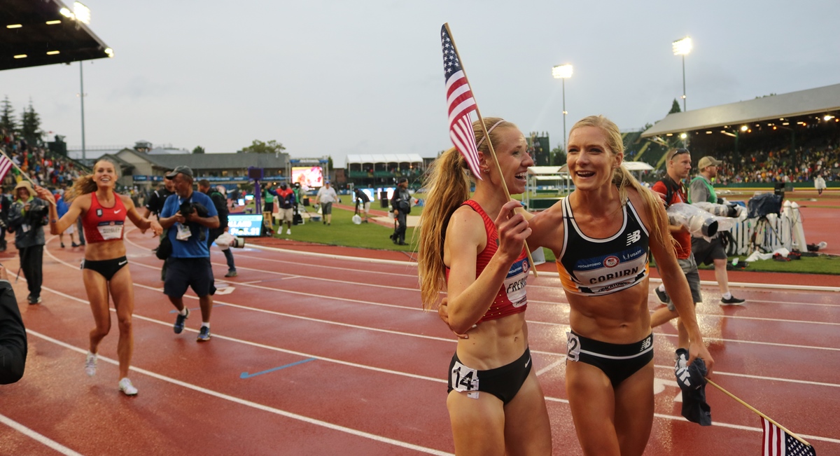 PHOTO: Colleen Quigley (left, rear), Courtney Frerichs (center) and Emma Coburn celebrate making the 2016 USA Olympic Team in the steeplechase at Historic Hayward Field in Eugene, Ore. (photo by Chris Lotsbom for Race Results Weekly)