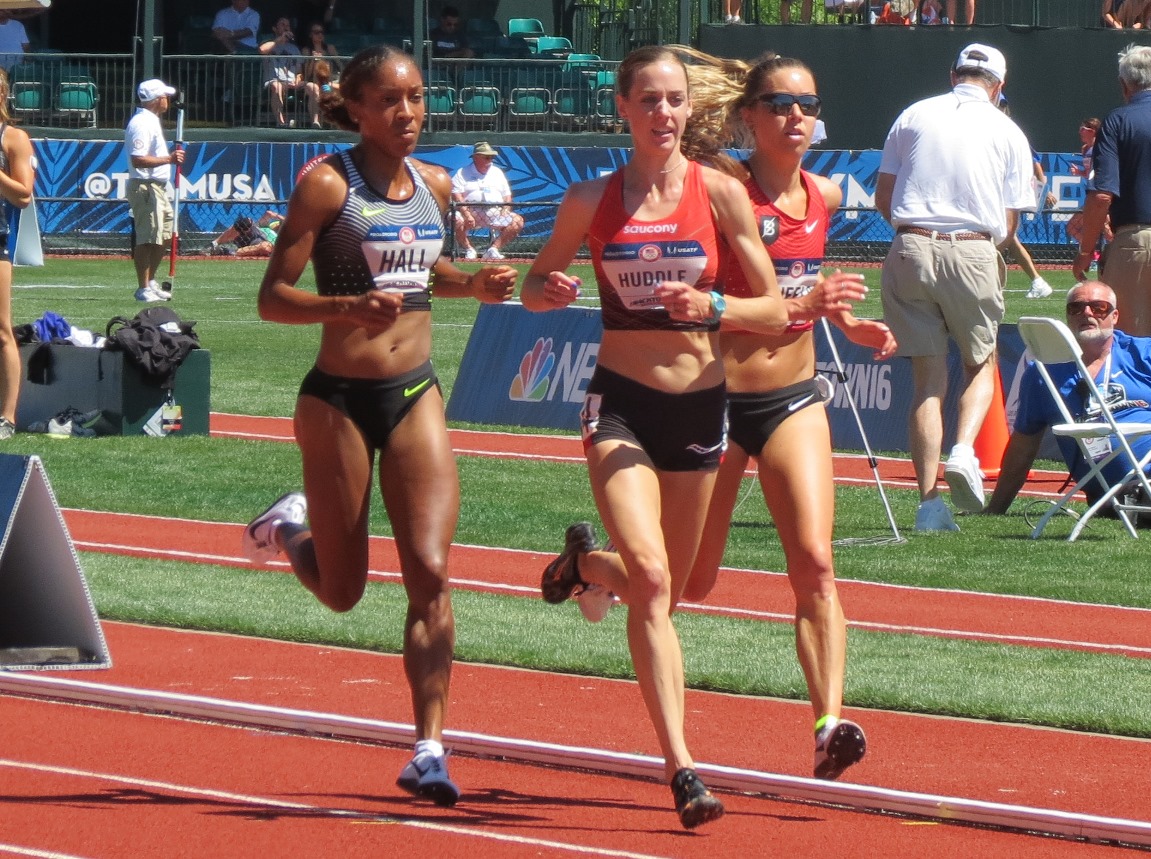 PHOTO: Marielle Hall, Emily Infeld and Molly Huddle on their way to the podium at the 2016 USA Olympic Trials 10,000m (photo by Jane Monti for Race Results Weekly)
