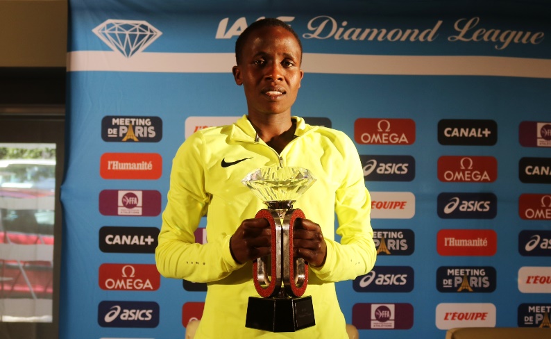 Ruth Jebet shows off the IAAF Diamond Race trophy in advance of the 2016 Meeting de Paris, part of the IAAF Diamond League (photos by Chris Lotsbom for Race Results Weekly)