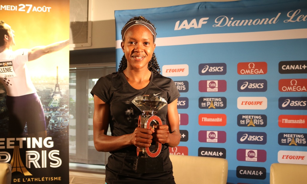 Faith Kipyegon shows off the IAAF Diamond Race trophy in advance of the 2016 Meeting de Paris, part of the IAAF Diamond League (photos by Chris Lotsbom for Race Results Weekly)