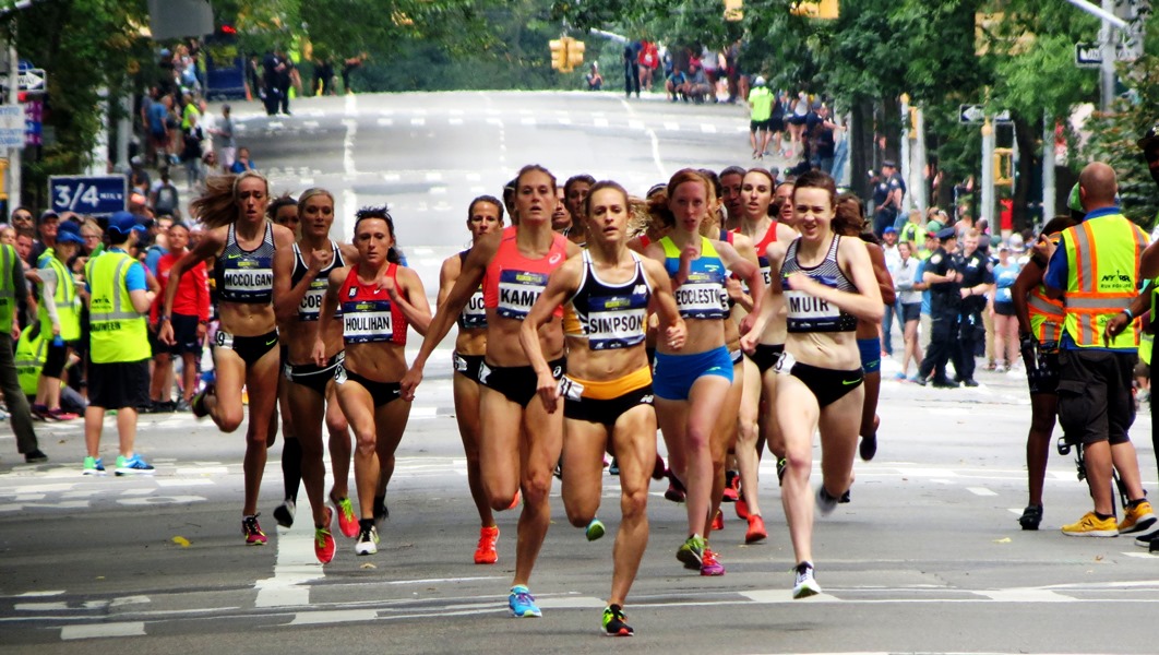 PHOTO: Jenny Simpson leads the women's pro field at the 2016 New Balance Fifth Avenue Mile (photo by Jane Monti for Race Results Weekly)