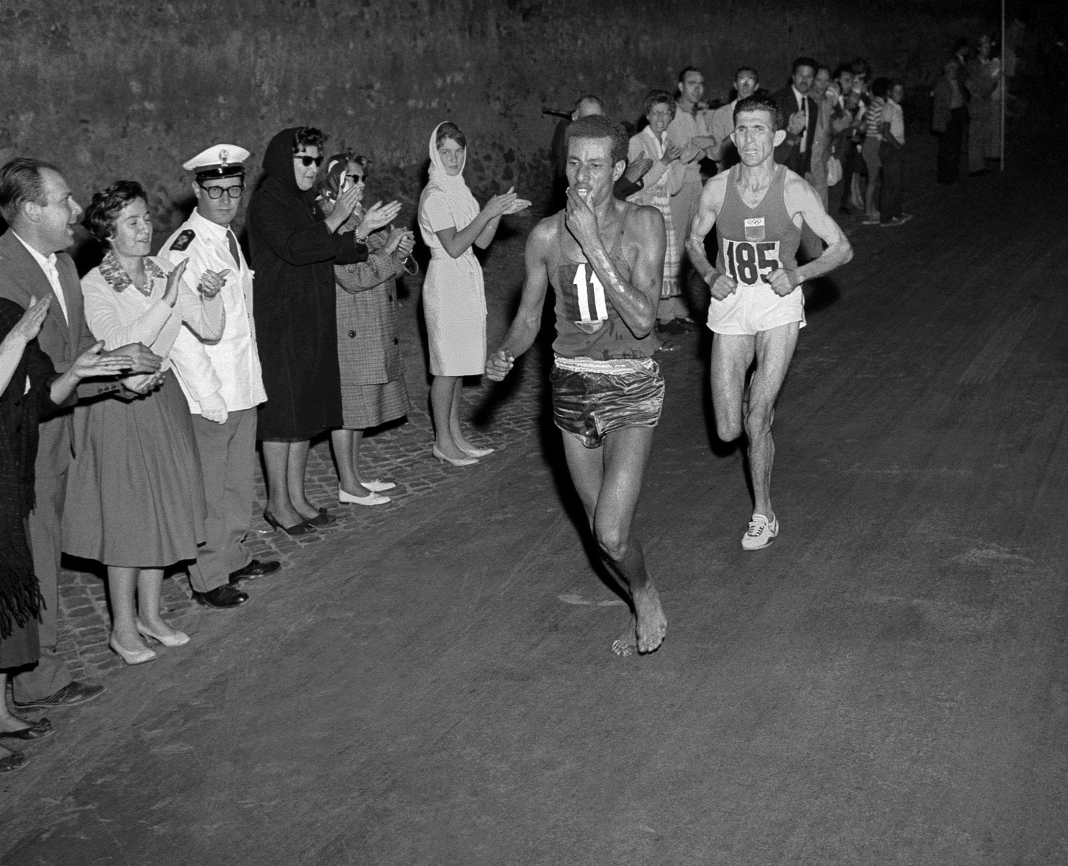 Abebe Bikila of Ethiopia in the marathon at the 1960 Rome Olympics.