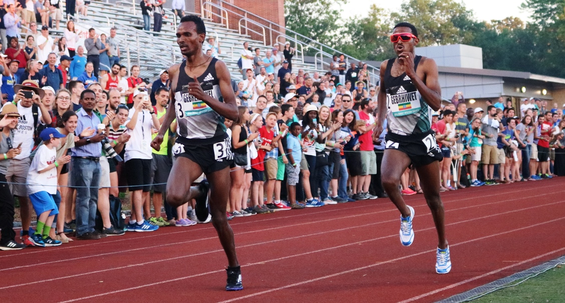 PHOTO: Dejen Gebremeskel and Hagos Gebrhiwet of Ethiopia competing at the 5000m at the first adidas Boost Games in Somerville, Mass., on June 17, 2016 (photo by Chris Lotsbom for Race Results Weekly)
