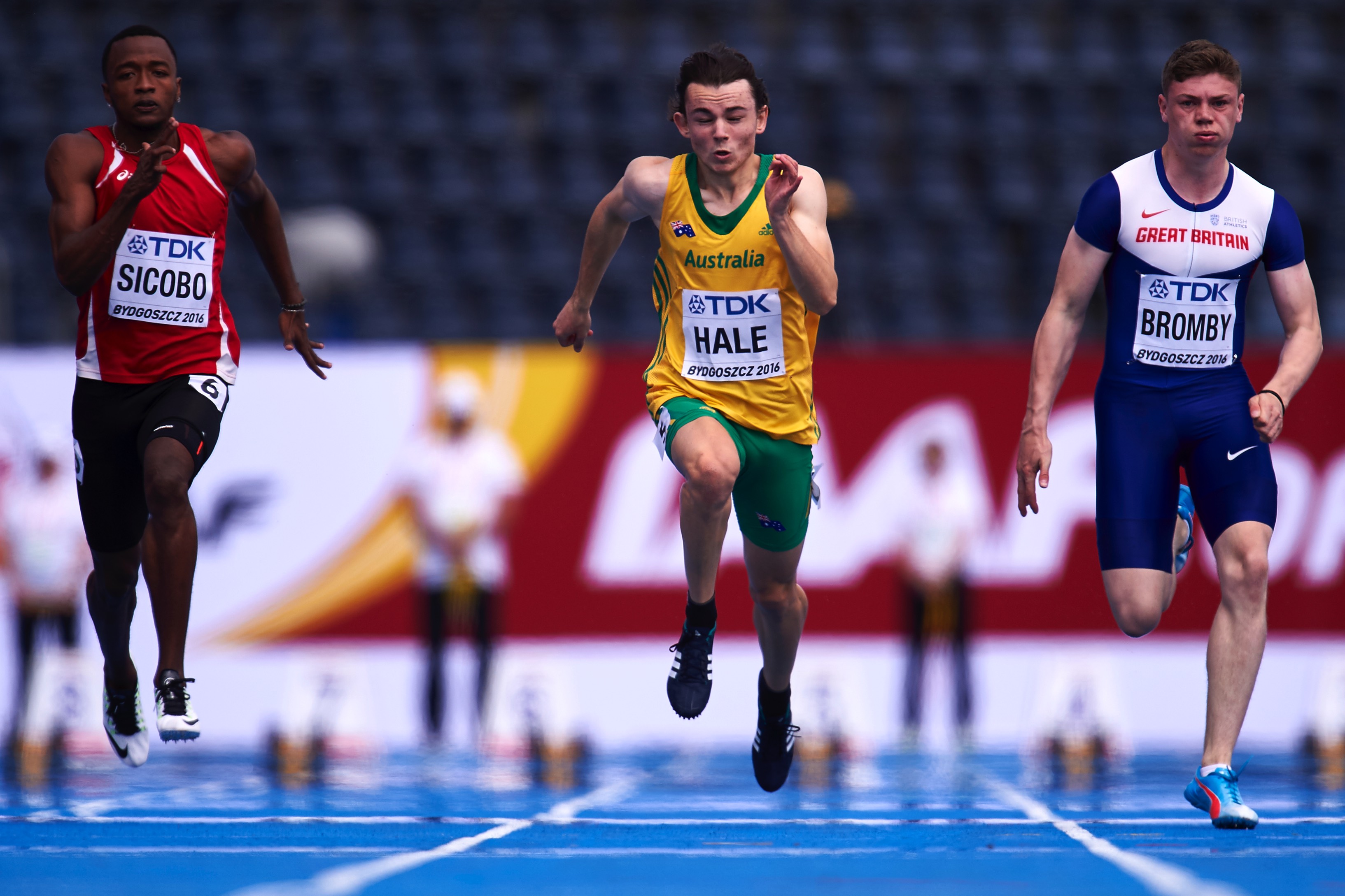 BYDGOSZCZ, POLAND - JULY 19: (L-R) Dyland Sicobo from Seychelles and Jack Hale from Australia and Oliver Bromby from Great Britain compete in men's 100 meters qualification during the IAAF World U20 Championships - Day 1 at Zawisza Stadium on July 19, 2016 in Bydgoszcz, Poland. (Photo by Adam Nurkiewicz/Getty Images for IAAF)