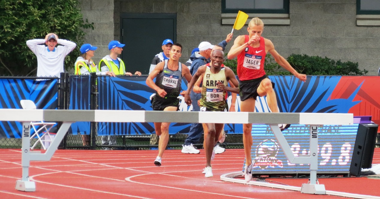 PHOTO: Don Cabral, Hillary Bor and Evan Jager on the final lap of the steeplechase final at the 2016 USA Olympic Trials in Eugene, Oregon (Photo by Jane Monti for Race Results Weekly)