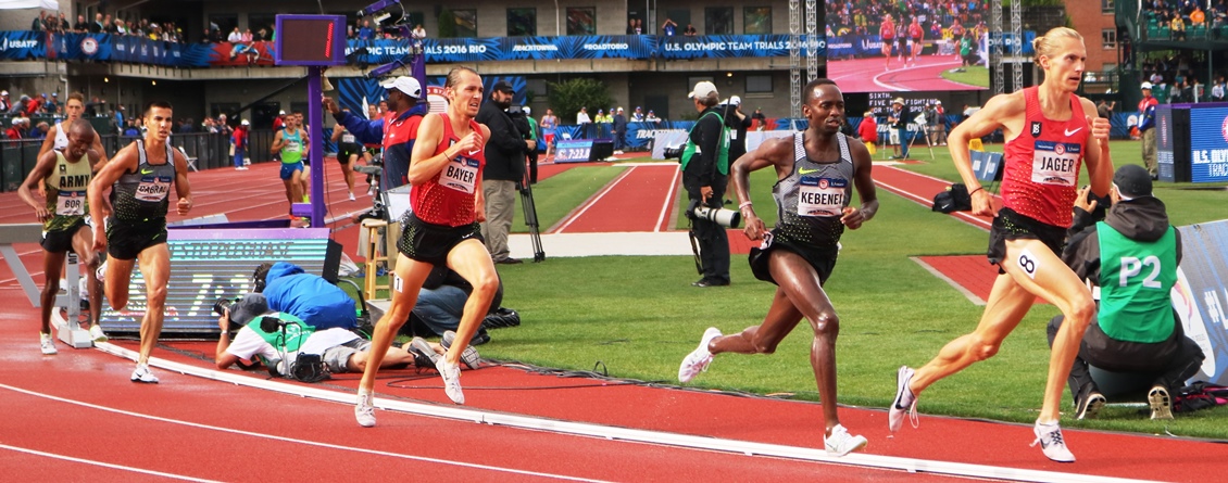 PHOTO: (left to right) Mason Ferlic, Hillary Bor, Donn Cabral, Andy Bayer, Stanley Kebenei and Evan Jager take the bell at the 2016 USA Olympic Trials steeplechase final in Eugene, Ore. (Photo by Chris Lotsbom for Race Results Weekly)