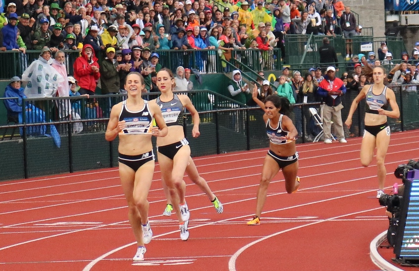 PHOTO: Jenny Simpson, Shannon Rowbury and Brenda Martinez finish 1-2-3 in the 1500m at the 2016 USA Olympic Trials in Eugene, Ore.; Amanda Eccleston (obscured behind Rowbury) finished fourth (photo by Chris Lotsbom for Race Results Weekly)