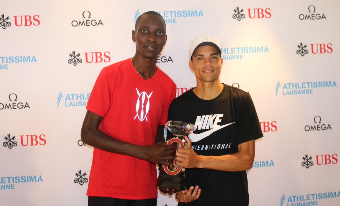 PHOTO: Kenya's Asbel Kiprop and Olympic 1500m champion Matthew Centrowitz of the United States hold the IAAF Diamond League Trophy prior to the Athletissima Lausanne meeting (photo by Chris Lotsbom for Race Results Weekly)