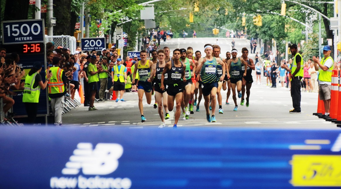 PHOTO: Matthew Centrowitz and Colby Alexander lead the men's pro field at the 2016 New Balance Fifth Avenue Mile (photo by Jane Monti for Race Results Weekly)