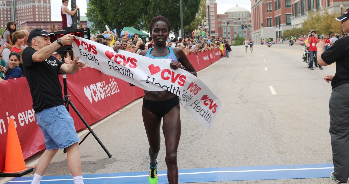 PHOTO: Aliphine Tuliamuk wins the 2016 USA 5-K Championships in Providence, R.I. (photo by Chris Lotsbom for Race Results Weekly)