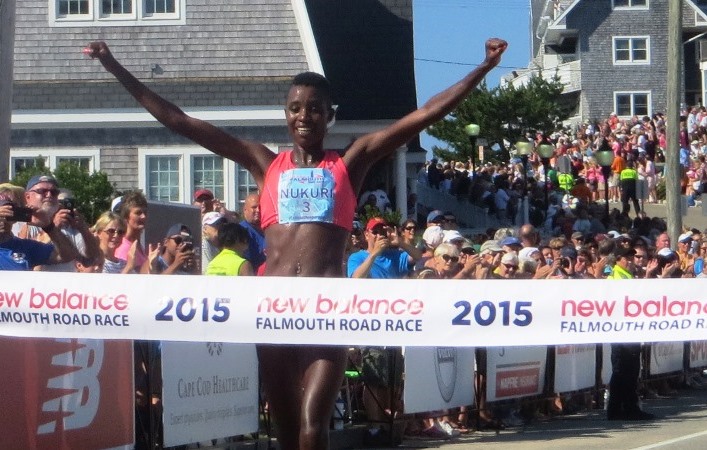 PHOTO: Diane Nukuri winning the 2015 New Balance Falmouth Road Race (photo by Chris Lotsbom for Race Results Weekly)