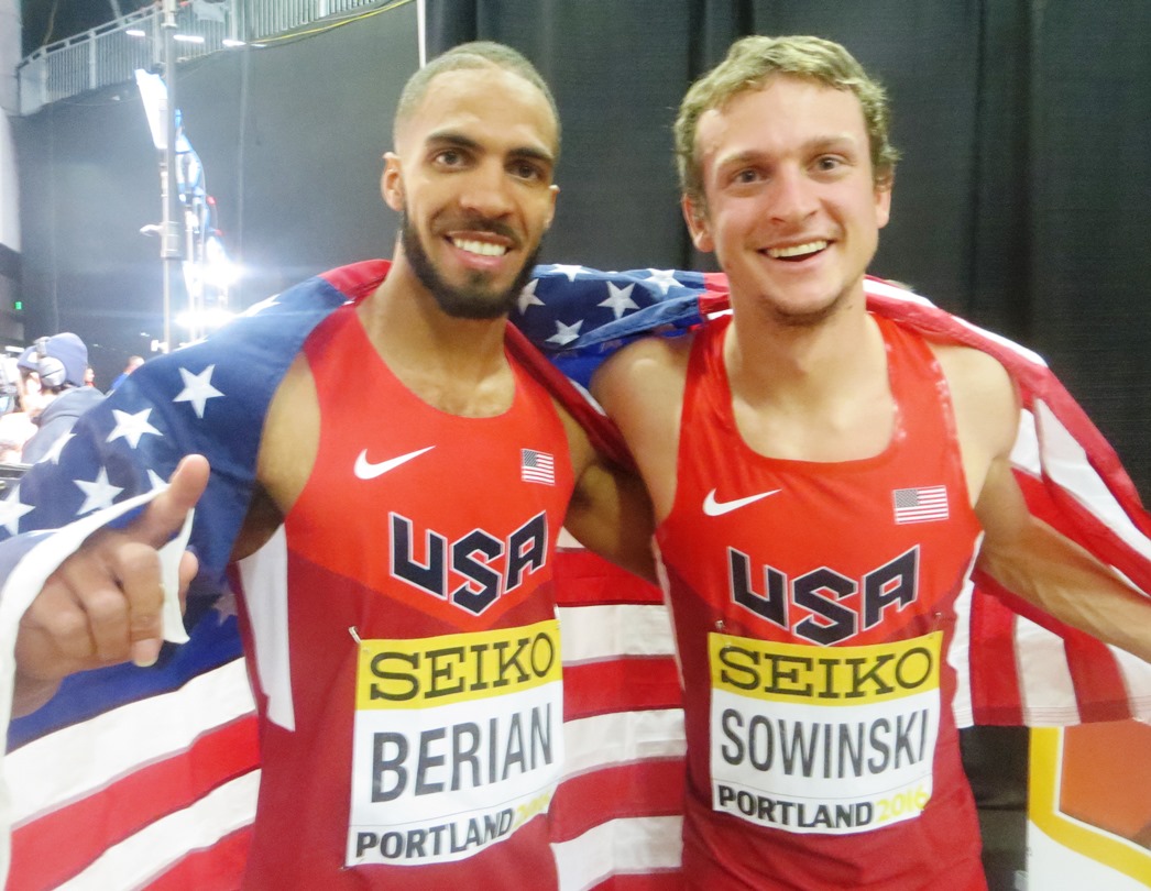 PHOTO: Boris Berian and Erik Sowinski after winning gold and bronze medals at the 2016 IAAF World Indoor Championships in Portland (photo by Chris Lotsbom for Race Results Weekly)