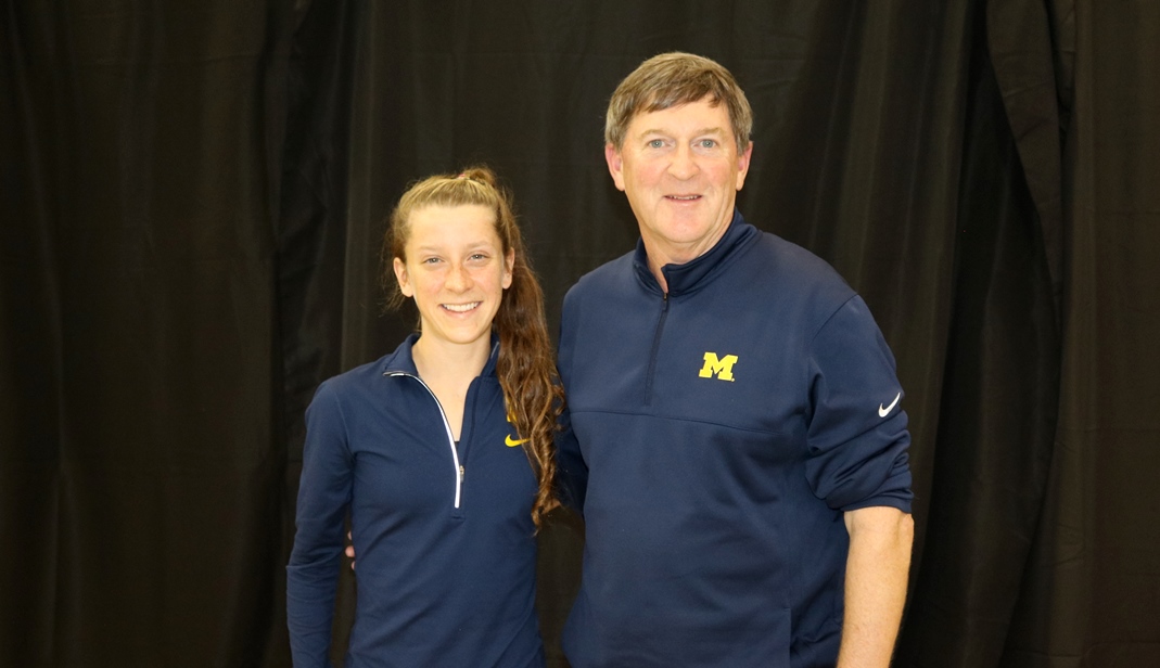  PHOTO: Erin Finn with Michigan coach Mike McGuire in advance of the 2016 NCAA Division I Cross Country Championships in Terre Haute, Ind. (photo by Chris Lotsbom for Race Results Weekly)