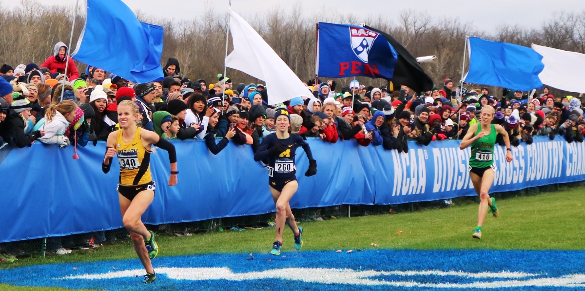  PHOTO: Karissa Schweizer of Missouri (left) sprints past Erin Finn of Michigan (center) and Anna Rohrer of Notre Dame to won the 2016 NCAA Division I Cross Country Championships (photo by Chris Lotsbom for Race Results Weekly)